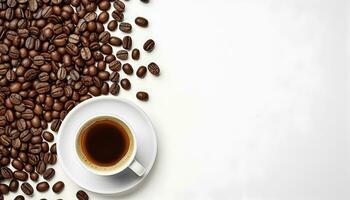 tazza di nero caffè con caffè fagioli, superiore Visualizza isolato su un' trasparente sfondo foto