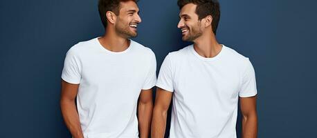 Due giovane uomini nel loro 20s indossare bianca casuale camicie siamo felicemente parlando insieme nel un' studio ritratto con un' buio blu sfondo foto