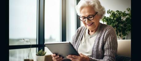 anziano signora con bicchieri sorridente utilizzando un' tavoletta a casa navigazione Internet o Guardando video foto