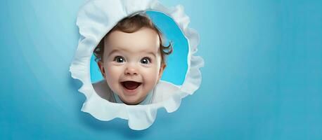bambino piccolo nel un' buco su blu carta con strappato colpo alla testa sfondo e vuoto la zona 18 mese vecchio bambino foto
