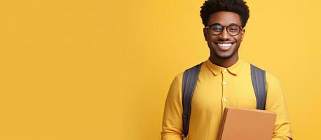 contento riuscito africano americano uomo libero professionista guardare a telecamera con il computer portatile su giallo sfondo foto