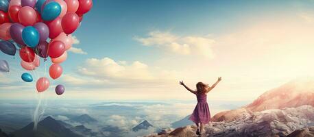 poco ragazza salti fra montagne con palloncini che rappresentano successo su un' fantasia sfondo foto