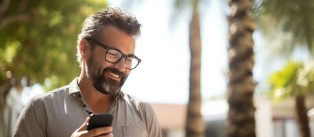 barbuto uomo utilizzando smartphone all'aperto sorridente fabbricazione un' chiamata vero persona foto