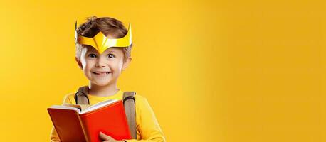 contento prescolastico ragazzo con libro su testa e Borsa contro giallo sfondo foto