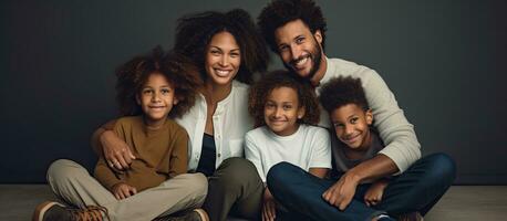 gioioso diverso famiglia seduta su il pavimento con bambini sorridente genitori con loro Due figli maschi in posa per un' foto madre padre e bambini pendente su parete