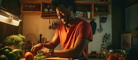 sorridente nero uomo cucinando e taglio verdure nel un' accogliente cucina copia spazio a disposizione foto