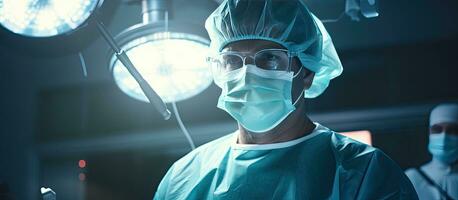 chirurgo operativo nel il o con cancro trattamento messa a fuoco moderno medicina vuoto spazio foto