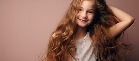 un' sorridente 12 anno vecchio ragazza con lungo naturale capelli pose per un' verticale foto adatto per testo