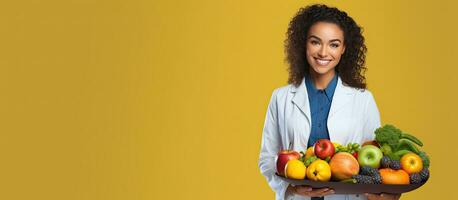 affascinante medico vestito nel bianca Tenere un' ciotola di salutare cibo promozione nutrizione e benessere su un' giallo sfondo foto