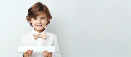giovane ragazza puntamento con un' Sorridi su un' bianca sfondo simboleggiante pubblicità formazione scolastica e bene idee foto