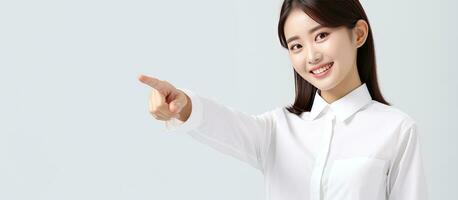 sorridente asiatico donna nel bianca camicia puntamento a vuoto spazio guardare attraente per pubblicità foto