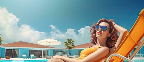 estate vacanza con bellissimo ragazza nel costume da bagno di piscina prendere il sole e rilassante foto