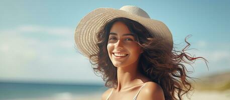 contento donna chilling a tropicale spiaggia durante estate vacanza ritratto di abbronzatura ragazza a mare con camera per testo giovane donna sorridente e guardando in il dis foto