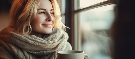 biondo donna godendo caffè di finestra nel freddo inverno giorno scoperta pace di mente foto