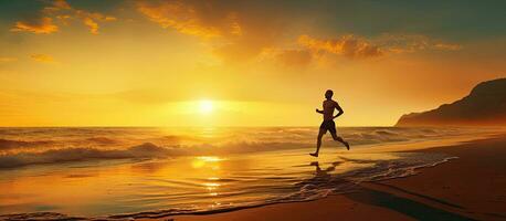 corridore sprint su un' soleggiato spiaggia a Alba con spazio per testo uomo saltare e copia spazio bandiera foto