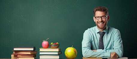 contento insegnante vicino lavagna puntamento a copia spazio sorridente alunno con il computer portatile nel aula maschio insegnante con taccuino nel alto scuola foto