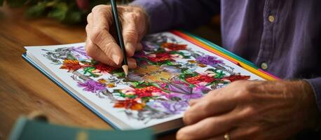 caucasico anziano uomo godendo colorazione libro per nazionale colorazione libro giorno promozione la pensione benessere e rilassamento attraverso arte foto