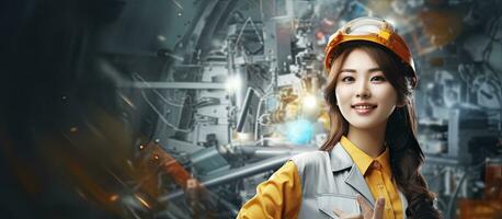 asiatico donna ingegnere con opera utensili e testo supporto donne nel ingegneria promozione un' contento campagna per carriera consapevolezza foto