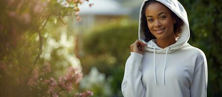 africano americano donna nel bianca incappucciato felpa in piedi nel giardino casuale capi di abbigliamento e abbigliamento per il tempo libero inalterato foto