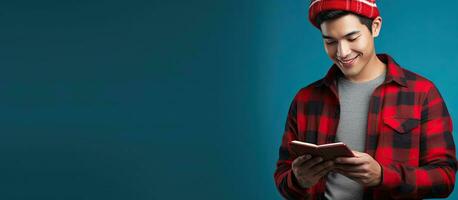 riflessivo asiatico maschio alunno nel blu sfondo con libro e Telefono indossare un' Beanie cappello e rosso plaid flanella camicia foto