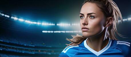 digitale composito di un' riuscito calcio lega finale con un' femmina giocatore al di sopra di un' blu sfondo foto