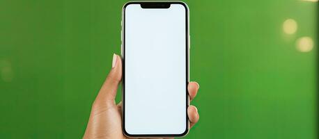 asiatico donna condivisione grande notizia con un' mobile Telefono visualizzazione un' vuoto bianca schermo contro un' vivace verde sfondo foto