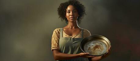 africano americano donna cucinando a casa con un' padella e mostrando un' copia spazio su sua palma mentre in piedi con fiducia foto