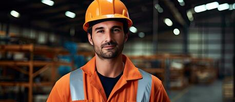 composito Immagine di un' caucasico lavoratore nel un' magazzino durante nazionale sicurezza mese sottolineando industria protettivo abbigliamento da lavoro e occupazione foto