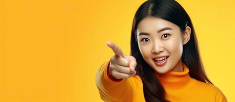 asiatico donna nel sua 30s indossare arancia camicia utilizzando smartphone puntamento per vuoto spazio su luminosa giallo sfondo innovativo mobile App idea foto