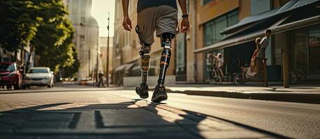 Disabilitato uomo con artificiale arto a piedi su il strada a partire dal un' Basso angolo Visualizza foto