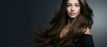 giovane elegante femmina con lungo di spessore capelli in posa contro grigio studio sfondo sinistra spazio per pubblicità cura dei capelli prodotti concetto foto