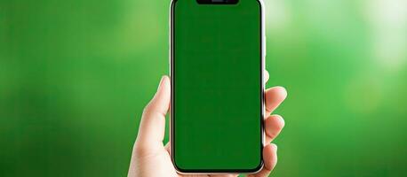 asiatico donna condivisione grande notizia con un' mobile Telefono visualizzazione un' vuoto bianca schermo contro un' vivace verde sfondo foto