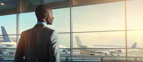 africano americano uomo d'affari aspetta sembra a partire dal aeroporto finestra foto