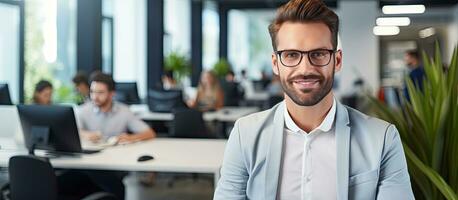 maschio hr manager nel moderno ufficio sorridente a telecamera accogliente reclutamento foto