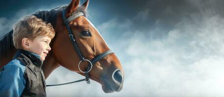 composito Immagine di un' caucasico ragazzo interagendo con un' cavallo con un' chiaro cielo nel il sfondo rappresenta infanzia animali gli sport e equestre competere foto