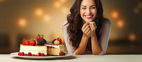 torta di formaggio celebrazione con un' contento donna foto