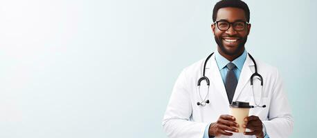 contento africano americano medico assunzione un' rompere con medico grafico e caffè foto