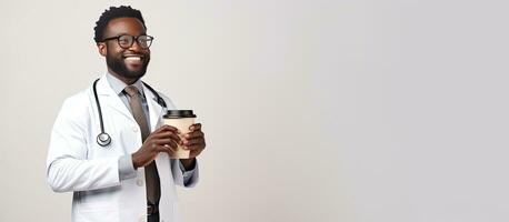 contento africano americano medico assunzione un' rompere con medico grafico e caffè foto
