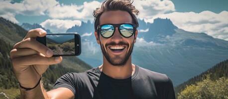 un' giovane caucasico escursionista prende un' autoscatto mentre indossare occhiali da sole sottolineando felicità vacanza e tecnologia foto