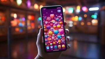 un' persona Tenere su un' smartphone con colorato cuori su esso e sociale media. ai generato foto