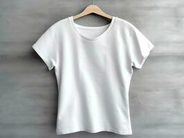 femmina maglietta modello, sovradimensionato bianca maglietta generativo ai foto