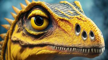 dinosauro occhio, avvicinamento giallo occhio di il dinosauri con terrificante. dinosauro cacciatori siamo fissando con orribile giallo occhio foto