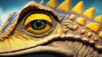 dinosauro occhio, avvicinamento giallo occhio di il dinosauri con terrificante. dinosauro cacciatori siamo fissando con orribile giallo occhio foto