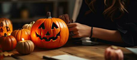 caucasico femmina mani disegno Halloween zucca con nero inchiostro marcatore foto