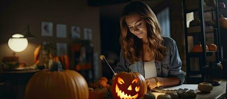 bianca donna a casa la creazione di un' Halloween zucca lezione con sua telecamera per sociale media vuoto la zona foto