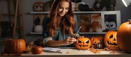 bianca donna a casa la creazione di un' Halloween zucca lezione con sua telecamera per sociale media vuoto la zona foto