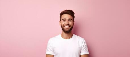 contento uomo con amichevole espressione guardare per il lato su un' rosa sfondo raffigurante un' positivo umore esprimendo gioia per pubblicità scopi su un vuoto foto