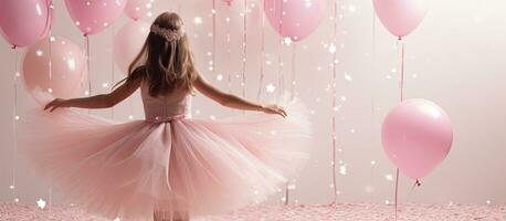 poco ragazza nel rosa Principessa vestito avendo divertimento e salto a un' compleanno festa con un' contento compleanno bandiera nel il sfondo foto