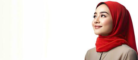 un' giovane donna vestito nel hijab e rosso superiore sguardi a un idea su bianca sfondo Indonesia S indipendenza giorno foto