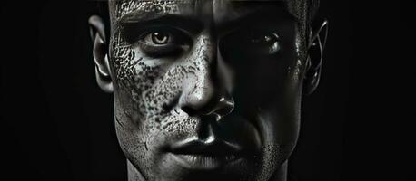 avvicinamento nero e bianca ritratto di un' uomo con acne cicatrici isolato su un' nero sfondo foto